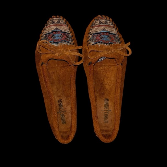 Minnetonka | Suede Moccasins | Woven Aztec Pattern | Size 8.5 | Brown - Picture 2 of 7